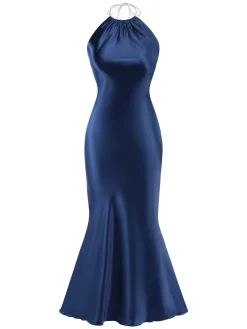 New Retro Stage 1930s Satin Halter Mermaid Dress Dark Blue