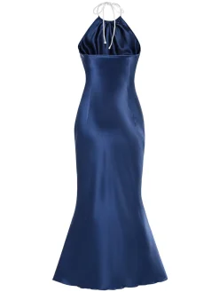 New Retro Stage 1930s Satin Halter Mermaid Dress Dark Blue