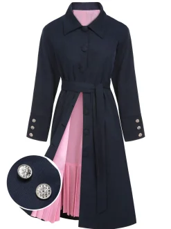 Sale Retro Stage 1950s Solid Belted Coat Dark Blue