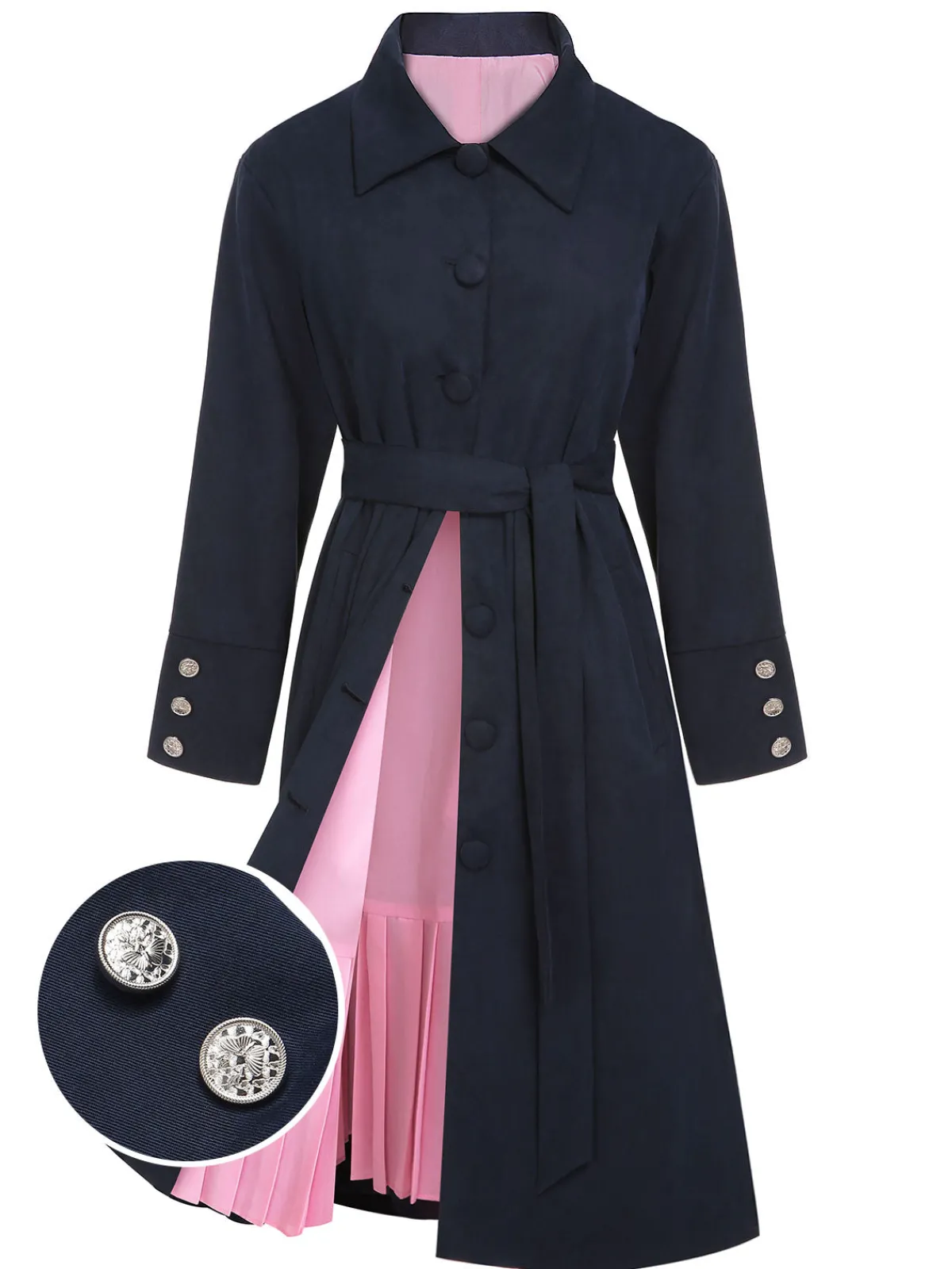 Sale Retro Stage 1950s Solid Belted Coat Dark Blue