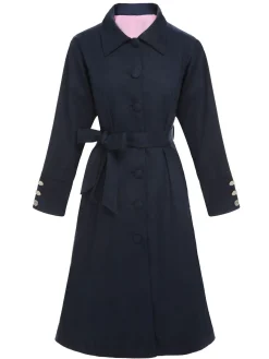 Sale Retro Stage 1950s Solid Belted Coat Dark Blue