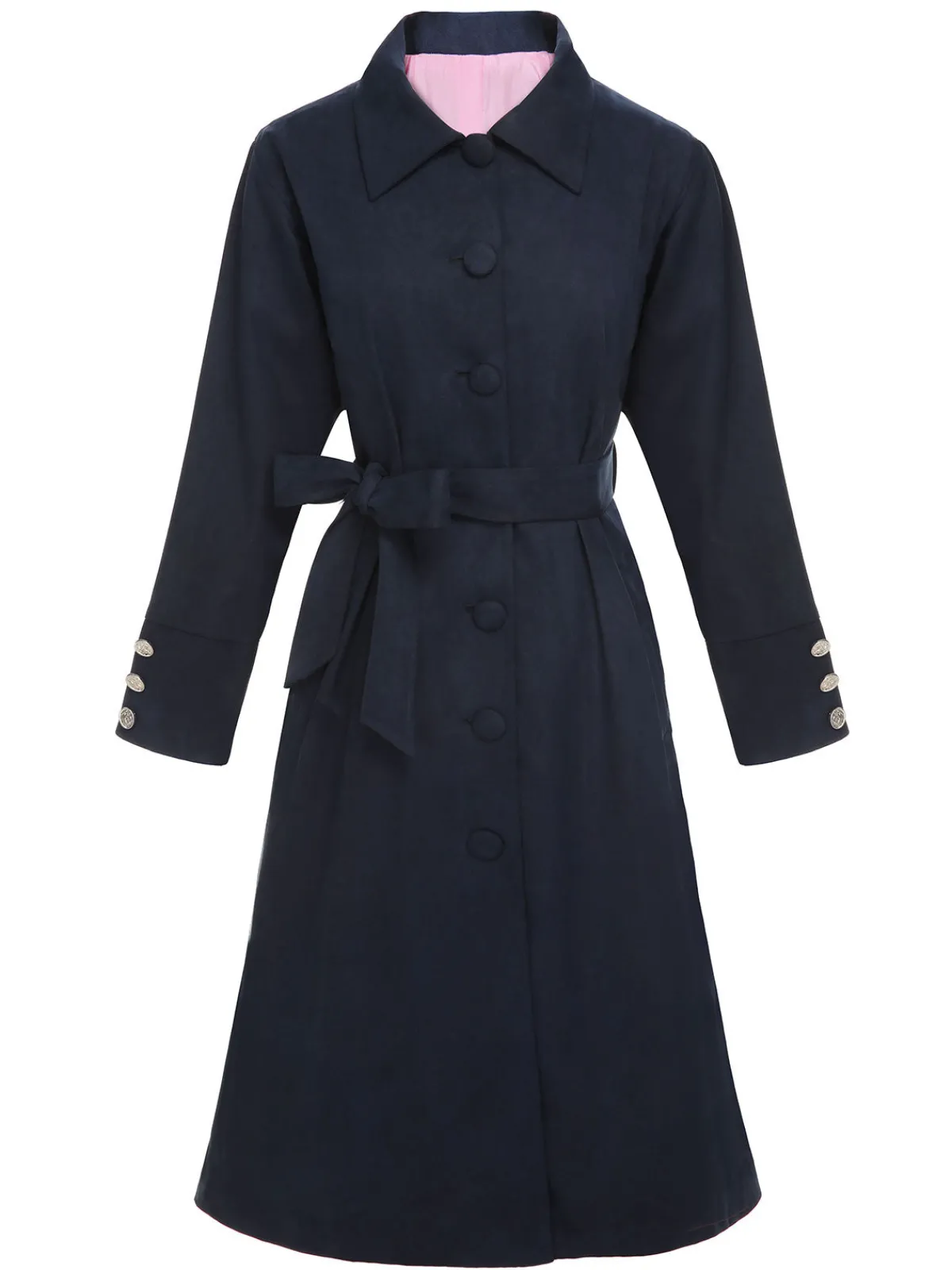 Sale Retro Stage 1950s Solid Belted Coat Dark Blue