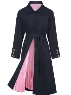 Sale Retro Stage 1950s Solid Belted Coat Dark Blue