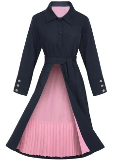 Sale Retro Stage 1950s Solid Belted Coat Dark Blue