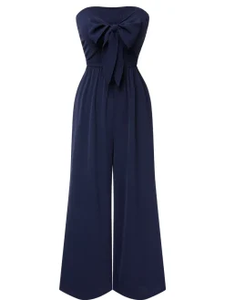 Clearance Retro Stage 1960s Solid Bow Strapless Jumpsuit Dark Blue