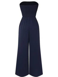 Clearance Retro Stage 1960s Solid Bow Strapless Jumpsuit Dark Blue