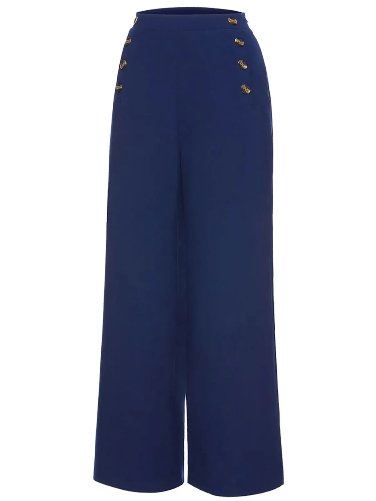 New Retro Stage 1950s Solid Button Wide-leg Pants Dark Blue