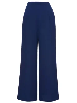New Retro Stage 1950s Solid Button Wide-leg Pants Dark Blue