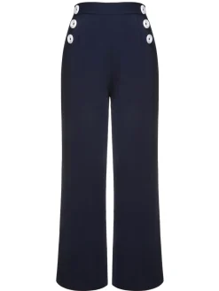 Hot Retro Stage 1950s Solid Button Straight Pants Dark Blue