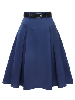 Outlet Retro Stage 1950s Solid High-Waist Pleated Skirt Dark Blue