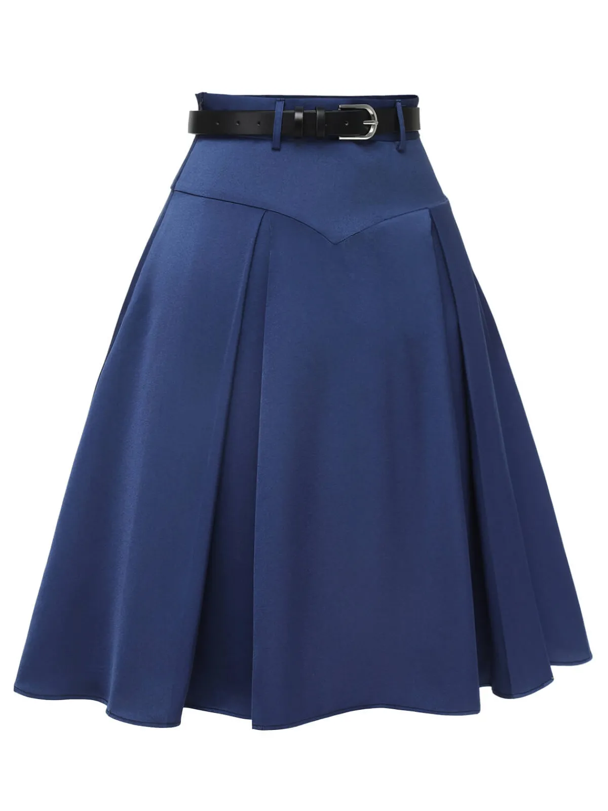 Outlet Retro Stage 1950s Solid High-Waist Pleated Skirt Dark Blue