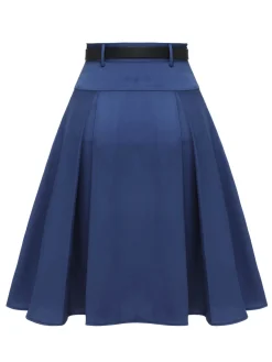 Outlet Retro Stage 1950s Solid High-Waist Pleated Skirt Dark Blue