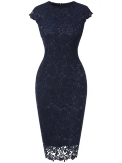 New Retro Stage 1960s Solid Lace Dress Dark Blue