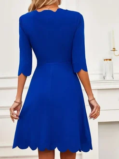 Best Retro Stage 1960s Solid Petal Collar Dress Dark Blue