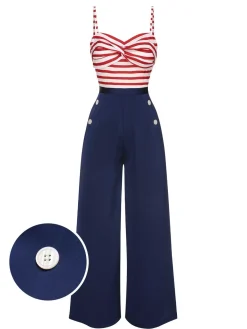 Discount Retro Stage 1930s Spaghetti Strap Stripes Jumpsuit Dark Blue