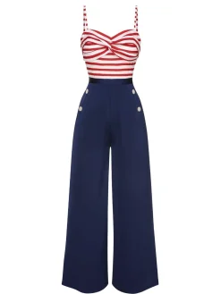 Discount Retro Stage 1930s Spaghetti Strap Stripes Jumpsuit Dark Blue