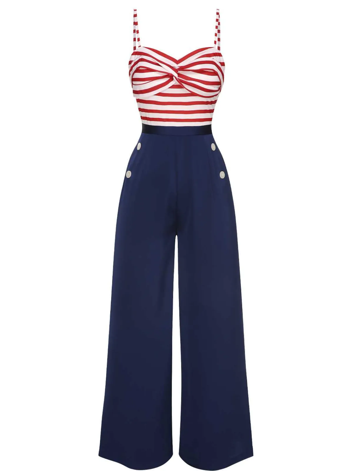 Discount Retro Stage 1930s Spaghetti Strap Stripes Jumpsuit Dark Blue