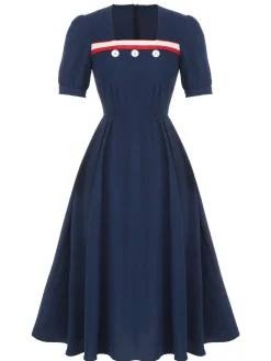 Online Retro Stage 1930s Square Neck Button Puff Dress Dark Blue