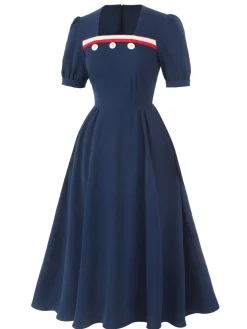 Online Retro Stage 1930s Square Neck Button Puff Dress Dark Blue