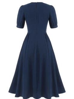 Online Retro Stage 1930s Square Neck Button Puff Dress Dark Blue