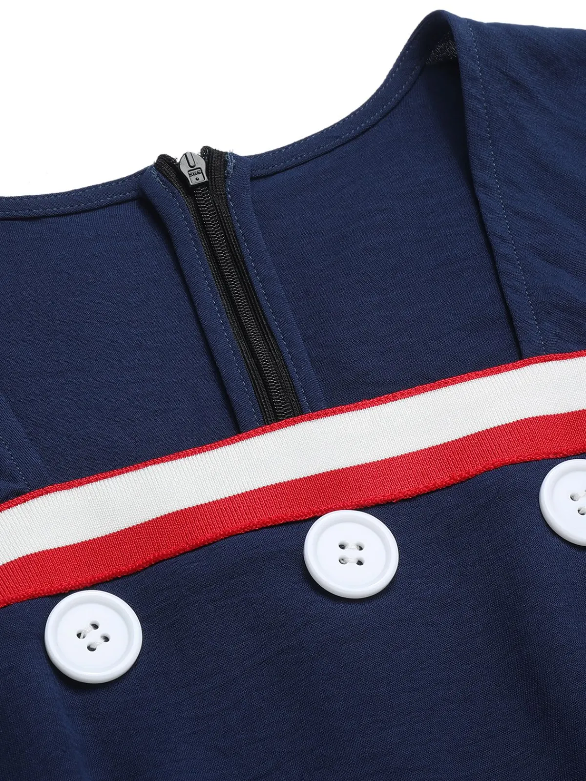 Online Retro Stage 1930s Square Neck Button Puff Dress Dark Blue