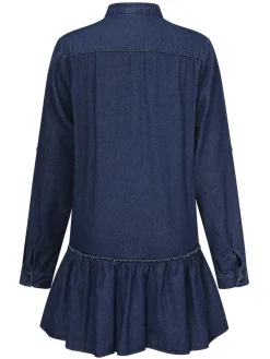 Discount Retro Stage 1940s Stand Collar Ruffle Hem Denim Dress Dark Blue