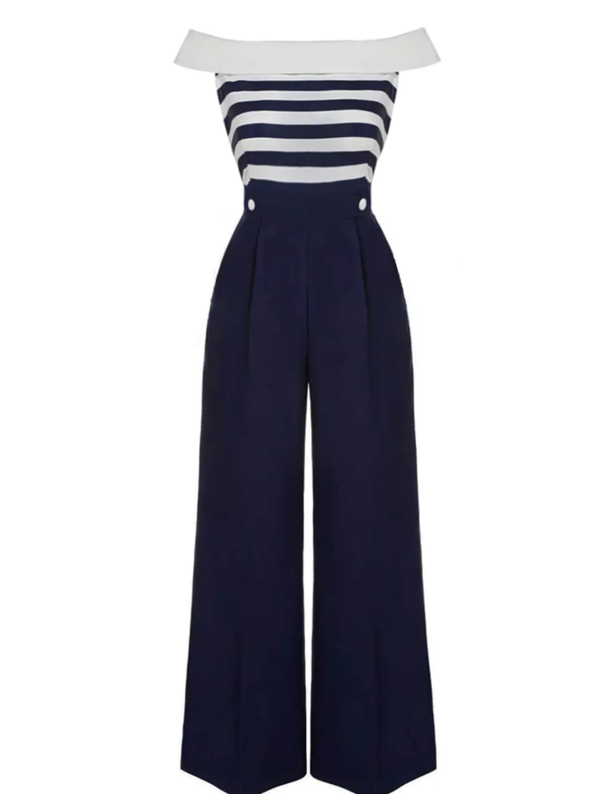 Discount Retro Stage Dark Blue 1930s Stripe Off-Shoulder Jumpsuit