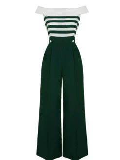 Discount Retro Stage Dark Blue 1930s Stripe Off-Shoulder Jumpsuit