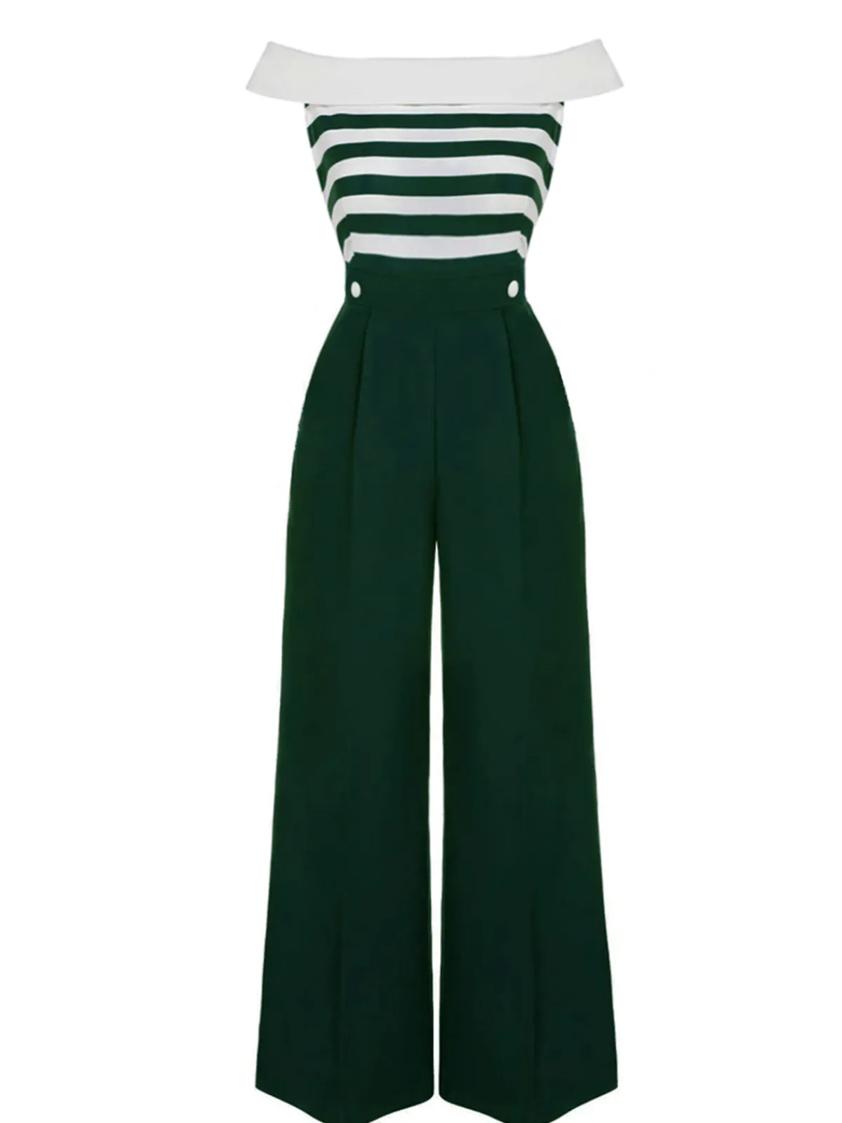 Discount Retro Stage Dark Blue 1930s Stripe Off-Shoulder Jumpsuit
