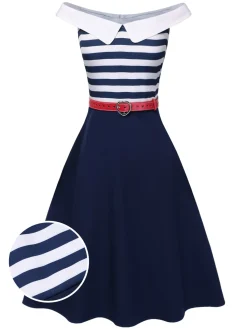 Outlet Retro Stage 1950s Striped Off-Shoulder Dress Dark Blue
