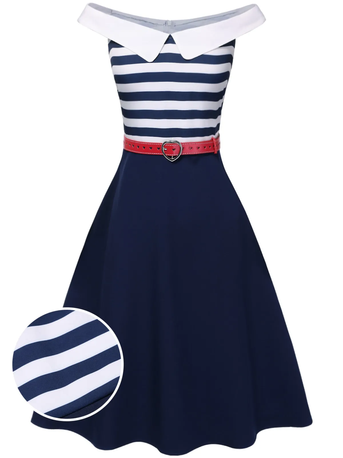 Outlet Retro Stage 1950s Striped Off-Shoulder Dress Dark Blue