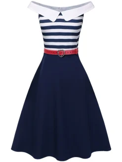 Outlet Retro Stage 1950s Striped Off-Shoulder Dress Dark Blue