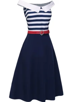 Outlet Retro Stage 1950s Striped Off-Shoulder Dress Dark Blue