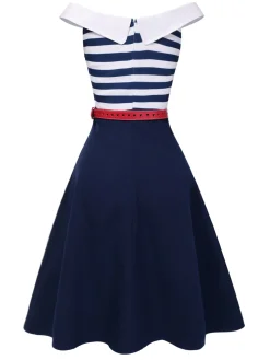 Outlet Retro Stage 1950s Striped Off-Shoulder Dress Dark Blue