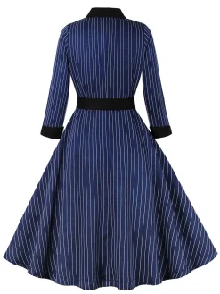 Online Retro Stage 1950s Striped Patchwork Belted Dress Dark Blue