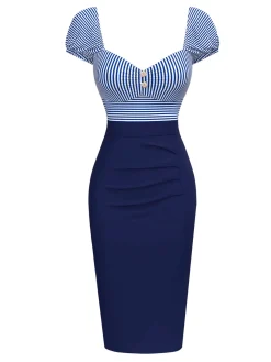 Clearance Retro Stage 1960s Striped Puff Sleeves Pencil Dress Dark Blue