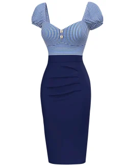 Clearance Retro Stage 1960s Striped Puff Sleeves Pencil Dress Dark Blue
