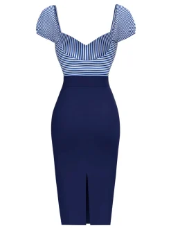 Clearance Retro Stage 1960s Striped Puff Sleeves Pencil Dress Dark Blue
