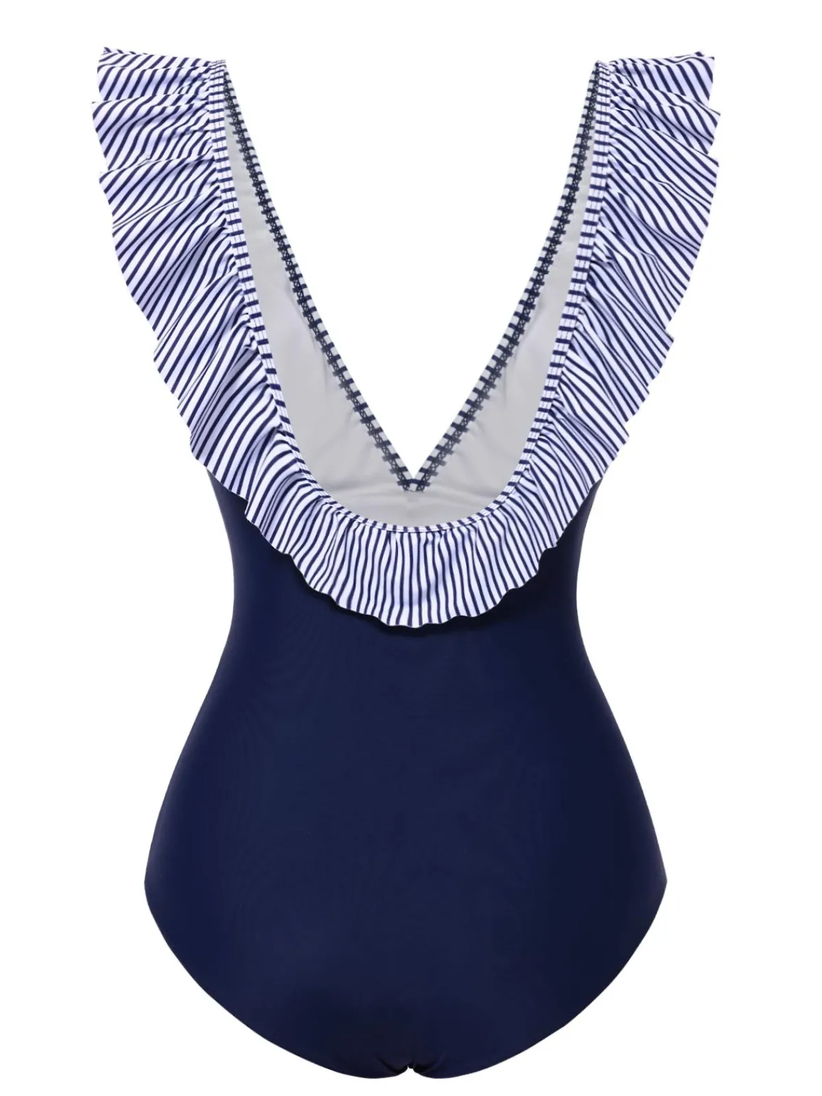 Best Retro Stage 1940s Striped Ruffled Swimsuit Dark Blue