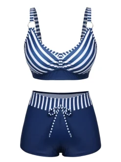 Hot Retro Stage 1940s Stripes Strap Drawstring Swimsuit Dark Blue