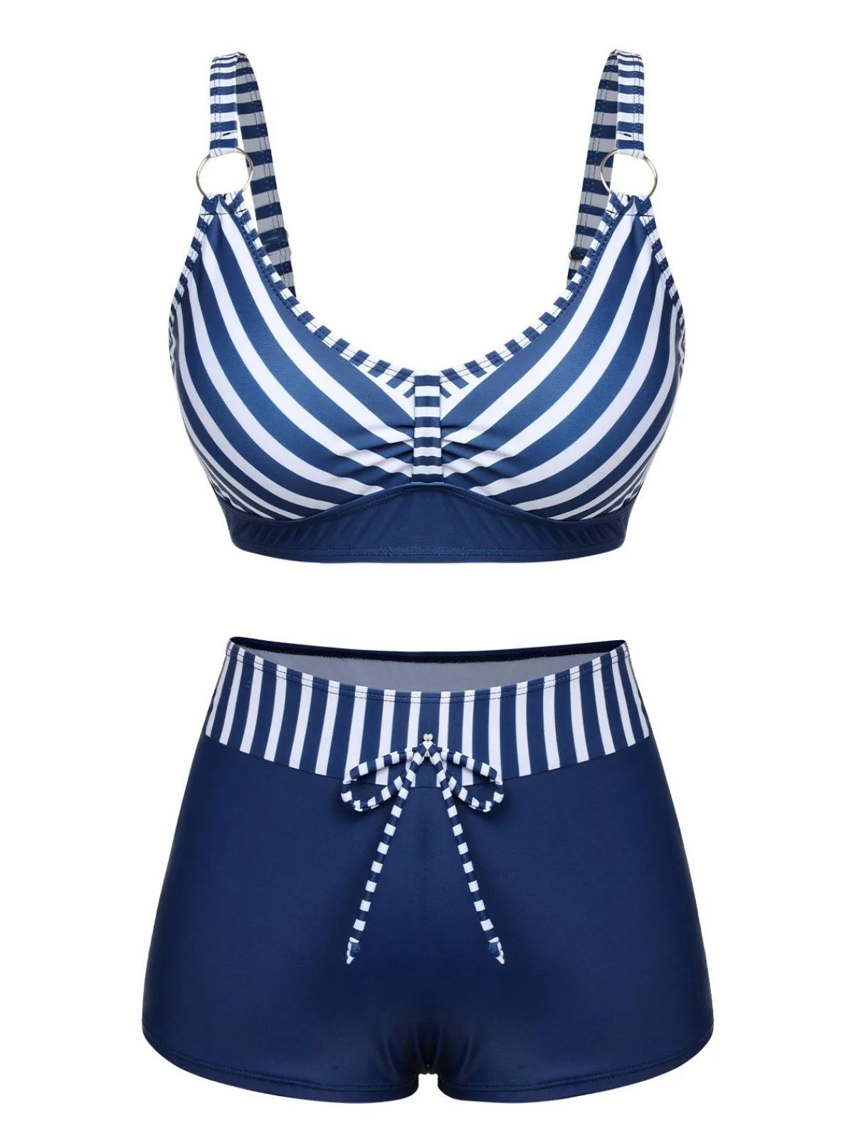 Hot Retro Stage 1940s Stripes Strap Drawstring Swimsuit Dark Blue