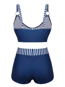 Hot Retro Stage 1940s Stripes Strap Drawstring Swimsuit Dark Blue