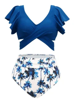 Online Retro Stage 1950s Tropical Print Ruffles Lace-Up Swimsuit Dark Blue