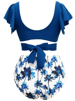 Online Retro Stage 1950s Tropical Print Ruffles Lace-Up Swimsuit Dark Blue