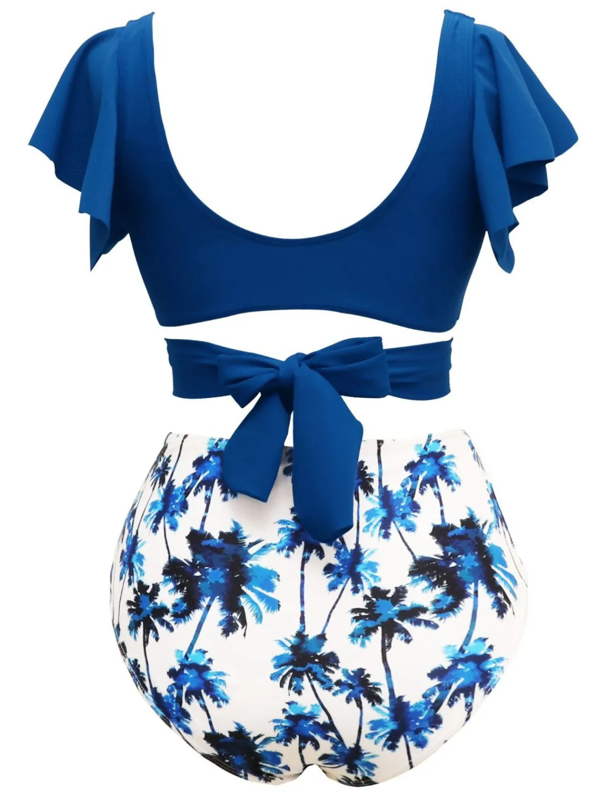 Online Retro Stage 1950s Tropical Print Ruffles Lace-Up Swimsuit Dark Blue