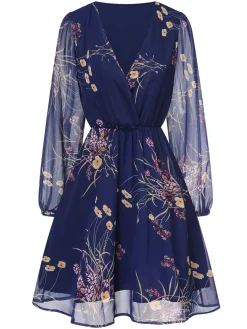 Outlet Retro Stage 1940s V-Neck Floral Puff Sleeve Dress Dark Blue