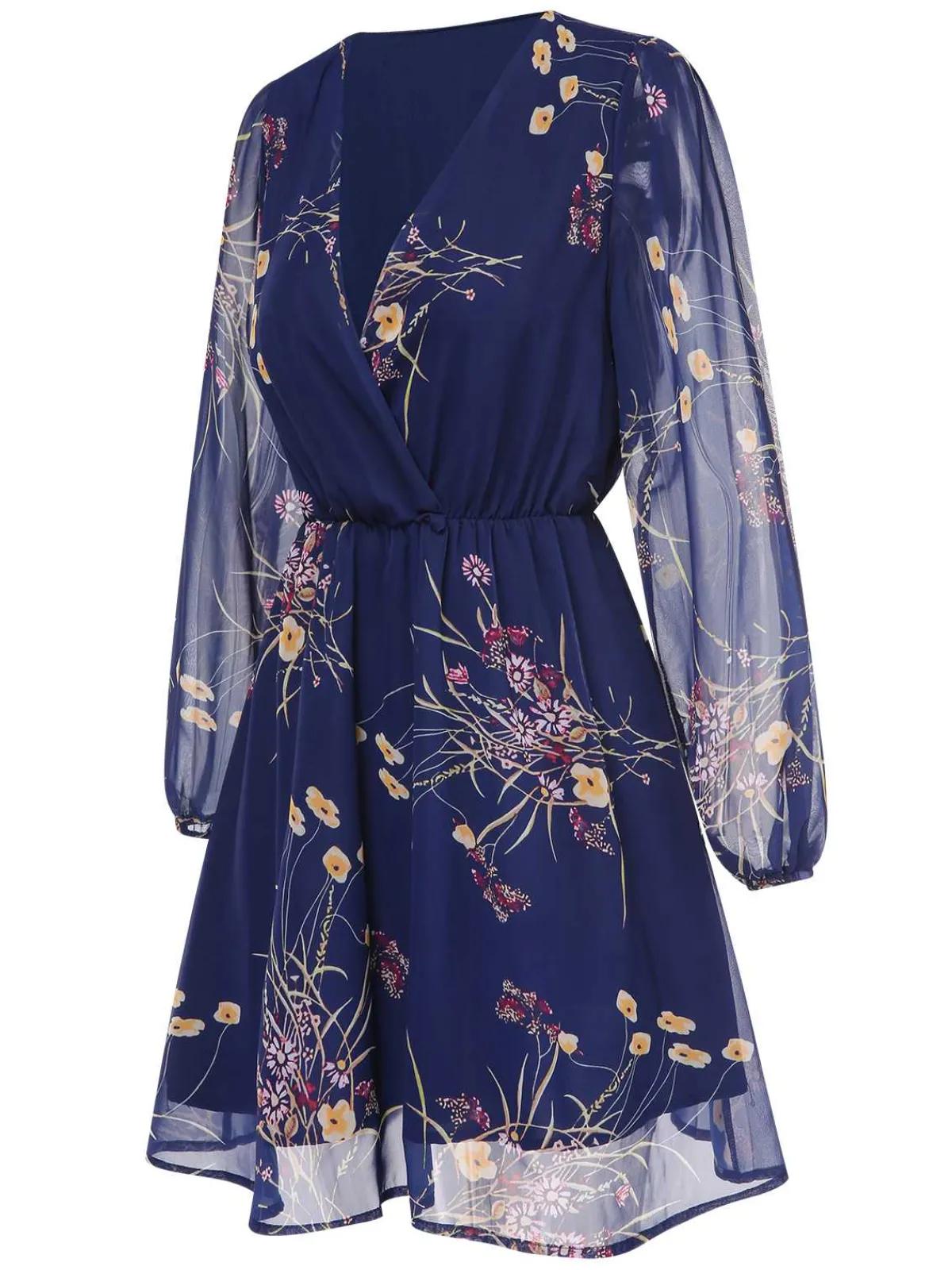 Outlet Retro Stage 1940s V-Neck Floral Puff Sleeve Dress Dark Blue