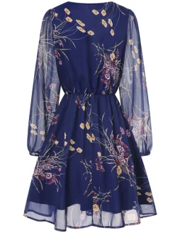 Outlet Retro Stage 1940s V-Neck Floral Puff Sleeve Dress Dark Blue