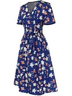 Clearance Retro Stage 1940s V-Neck Floral Dress Dark Blue