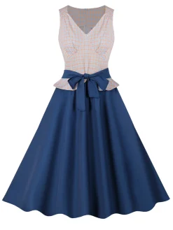 New Retro Stage 1950s V-Neck Plaid Patchwork Dress Dark Blue